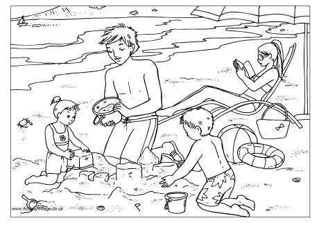 At the beach colouring page