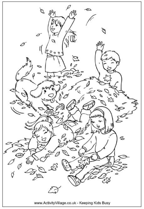 Children and puppy playing in the autumn leaves, autumn play coloring page