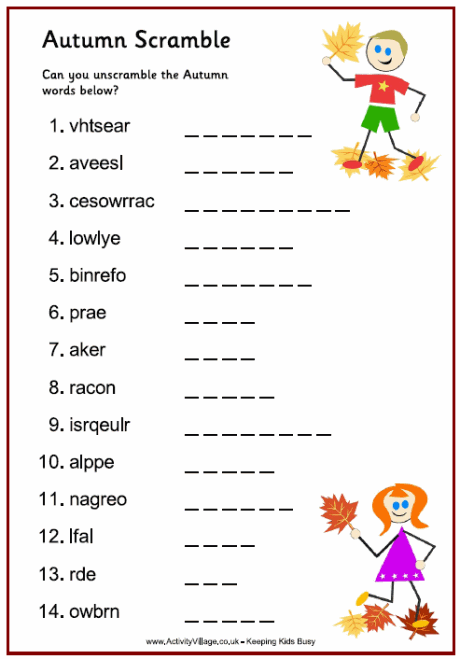 Autumn Word Scramble Puzzles for Kids