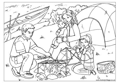 Camping trip colouring page