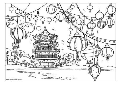 Chinese Lanterns Scene Colouring Page