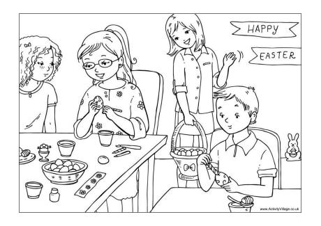 Decorating Easter eggs colouring page
