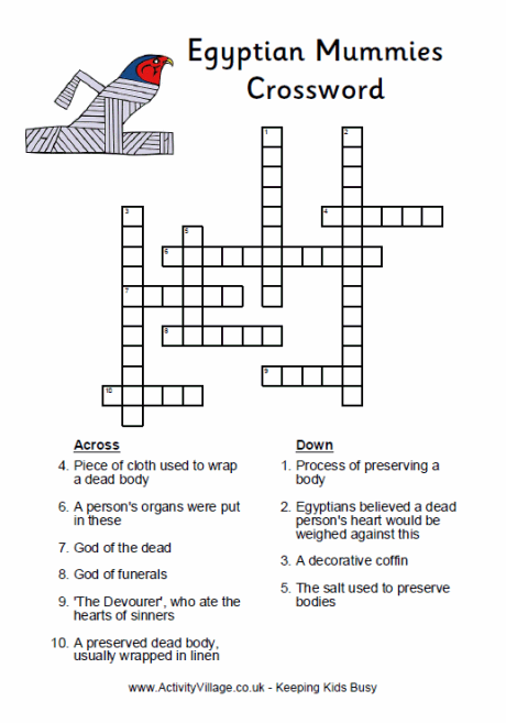 Egyptian Mummies Crossword For Kids