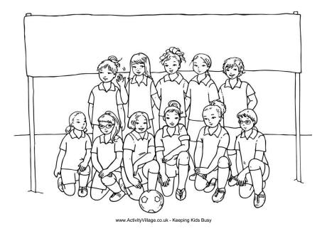 Girls soccer team colouring page