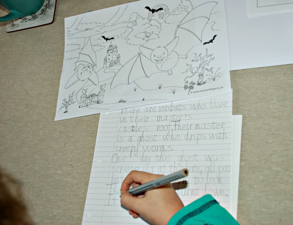 Writing a story about the bat colouring in page
