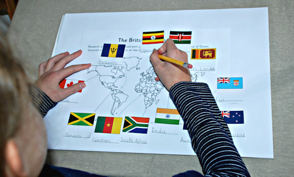 Working on our map showing the countries included in the Victorian British Empire