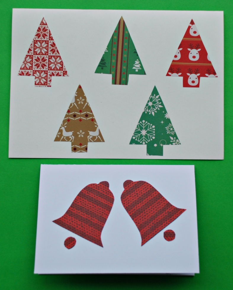 Christmas cards made using templates and coloured paper