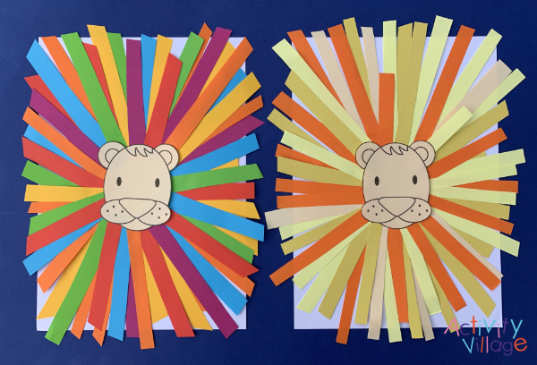 Our completed paper craft lions, side by side.