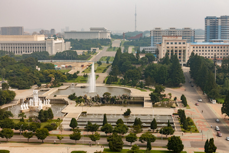 Aerial view over Pyongyang, capital of North Korea