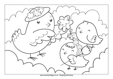 Mother and baby birds colouring page