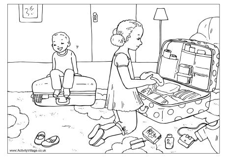 Packing for vacation colouring page