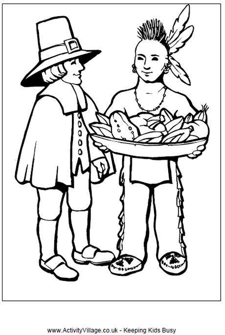 Pilgrim and Indian Colouring Page | Thanksgiving Activities for Kids