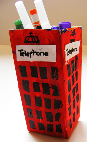Jack's telephone box craft, used as a pencil holder