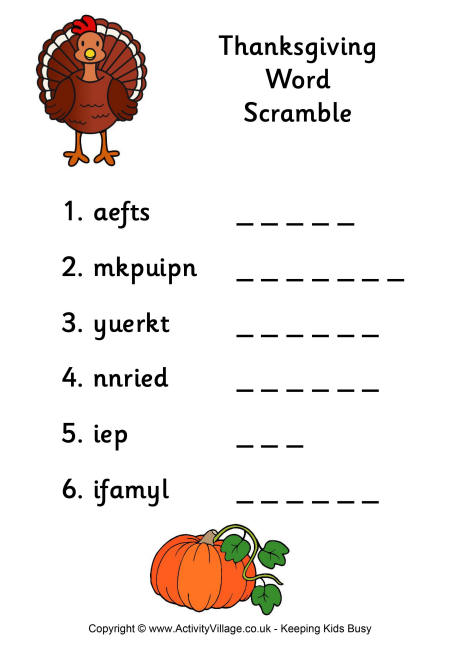 answers worksheet word scramble time Thanksgiving  2
