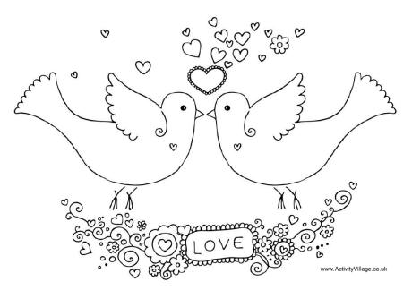 Valentine doves colouring page, lovebirds colouring page