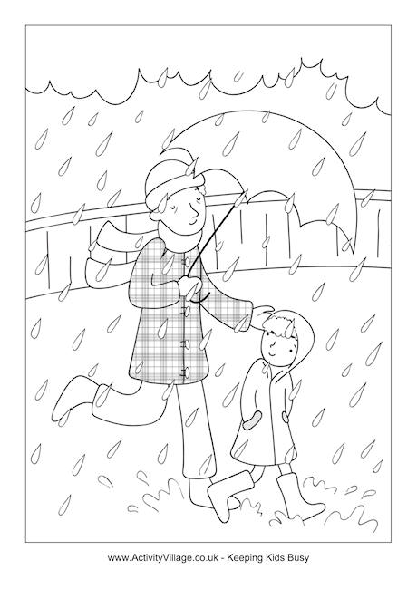 Walking in the rain with dad colouring page