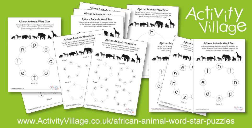 New African Animal Word Star Puzzles