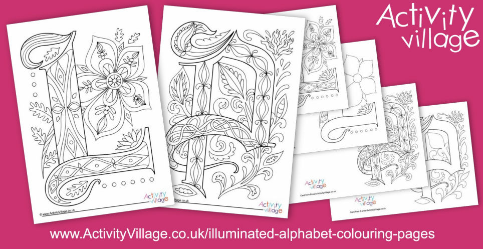 Illuminated alphabet colouring pages L and P Illuminated Alphabet Colouring Pages L and P