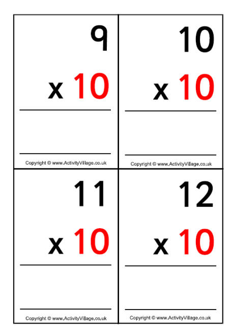 10 times table - large flash cards