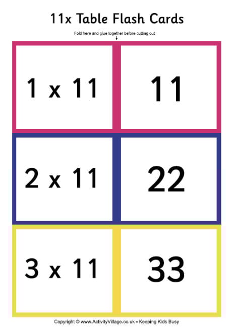 11 times table - folding flash cards