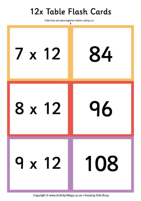 12 times table - folding flash cards
