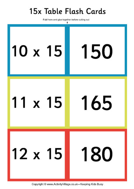 15 times table - folding flash cards