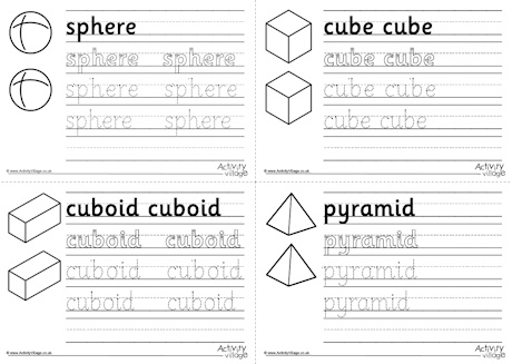 3D shape handwriting worksheets - first 4 shapes