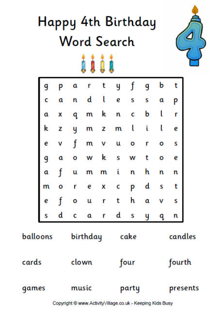 4th birthday word search