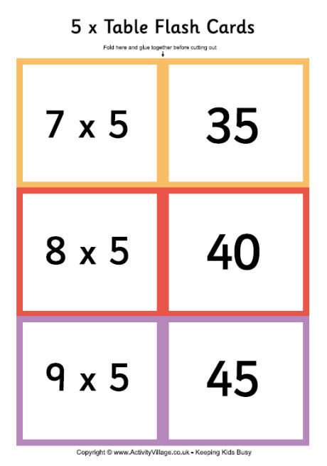 5 times table - folding flash cards