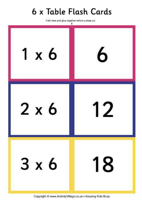 6 times table - folding flash cards