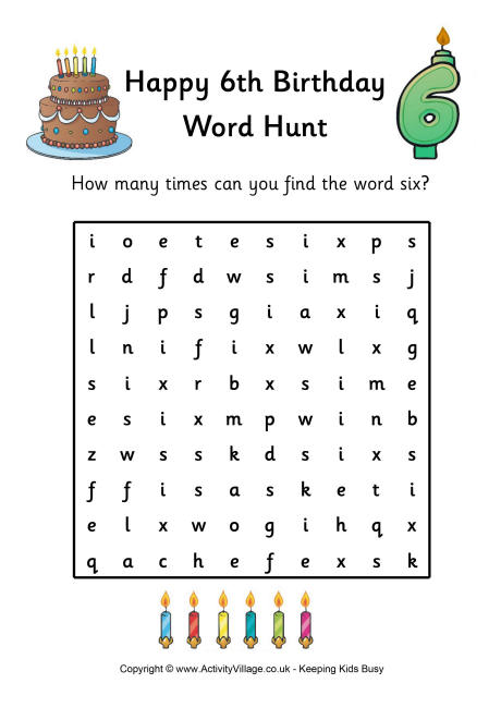 6th birthday word hunt