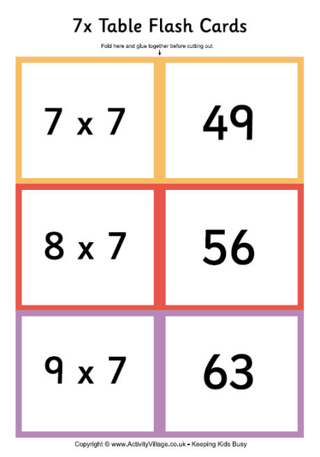 7 times table - folding flash cards