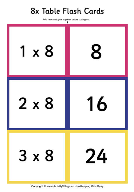 8 times table - folding flash cards
