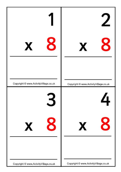 8 times table - large flash cards