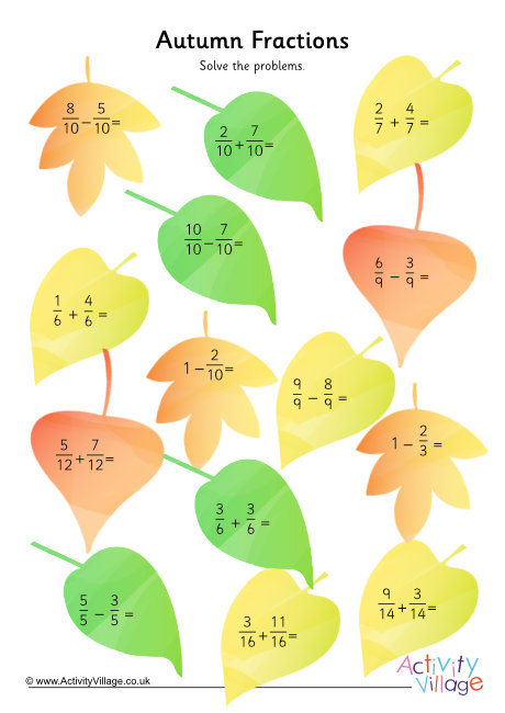 Adding and subtracting fractions with like denominators worksheet - autumn Adding and subtracting fractions with like denominators worksheet - autumn