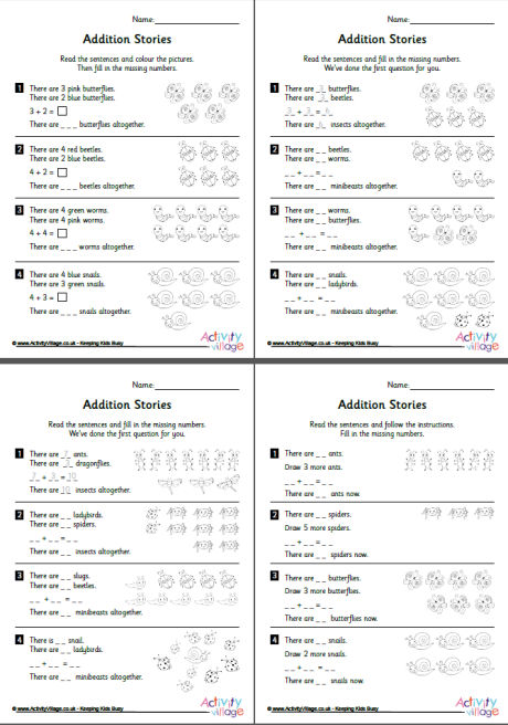 Addition stories worksheets