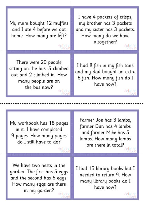 Addition and subtraction story sums within 20