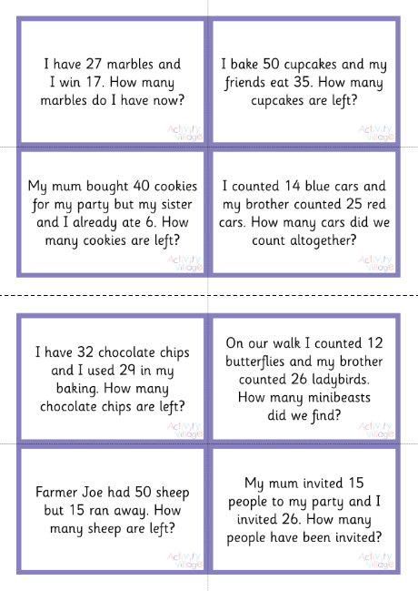 Addition and subtraction story sums within 50
