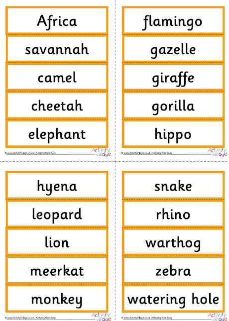 African Animal Word Cards