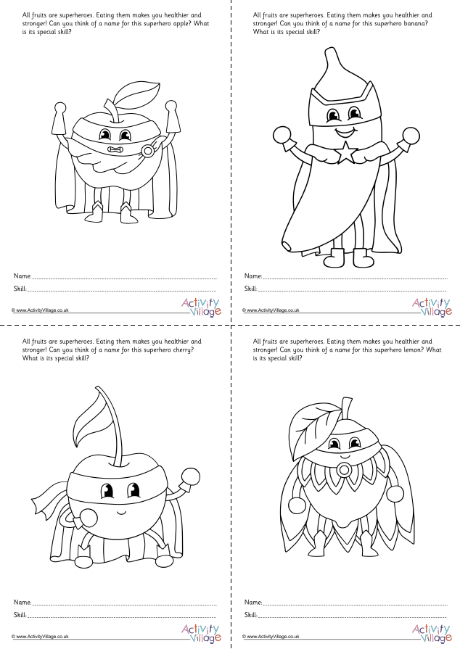 All fruit superhero colouring worksheets