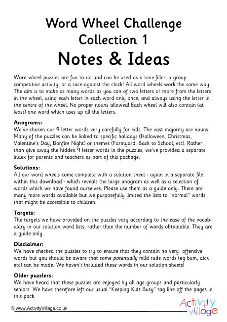 All Word Wheel Challenges notes and ideas
