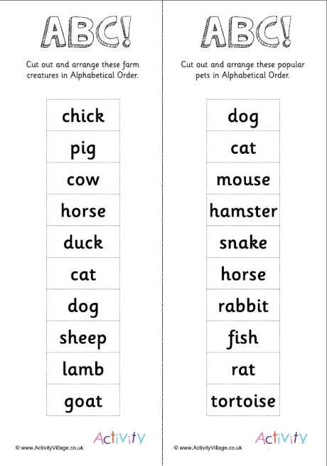 Alphabetical Order -10 Animal Words 2