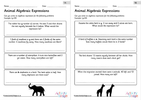Animal algebraic expressions worksheets 1