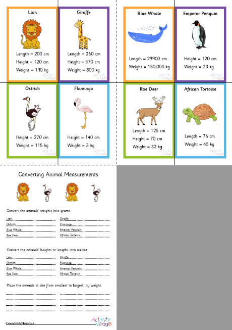Animal measurements cards and worksheets