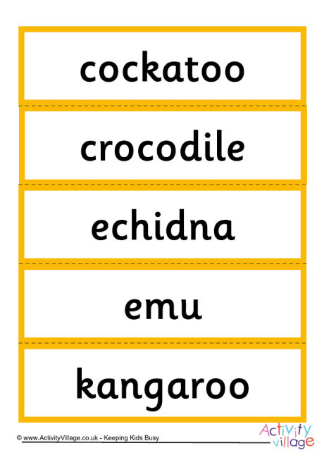 Australian animal word cards
