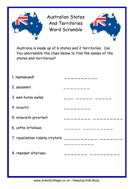 Australian states and territories word scramble