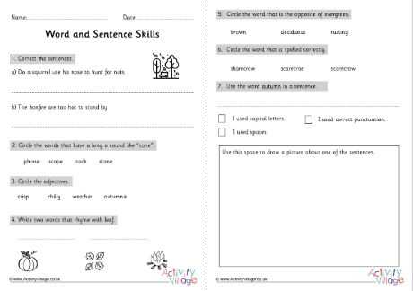 Autumn word and sentence skills worksheet KS2