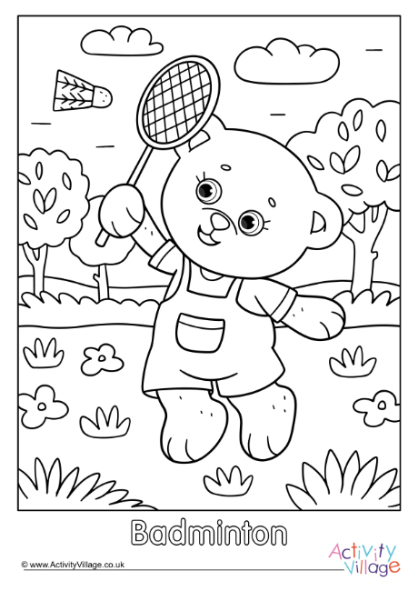 Badminton teddy bear colouring page 2