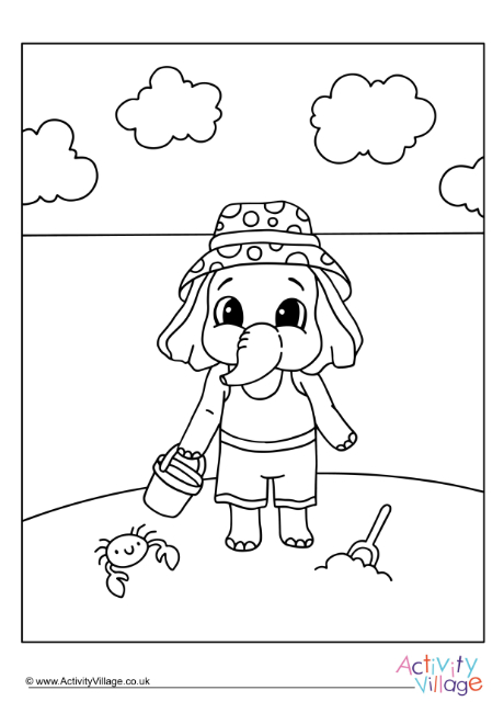 Beach elephant colouring page 2