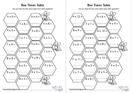 Bee hive times table worksheets 5